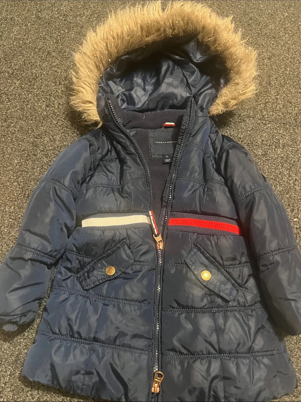 Tommy Hilfiger Navy Puffer Jacket with Faux Fur Hood